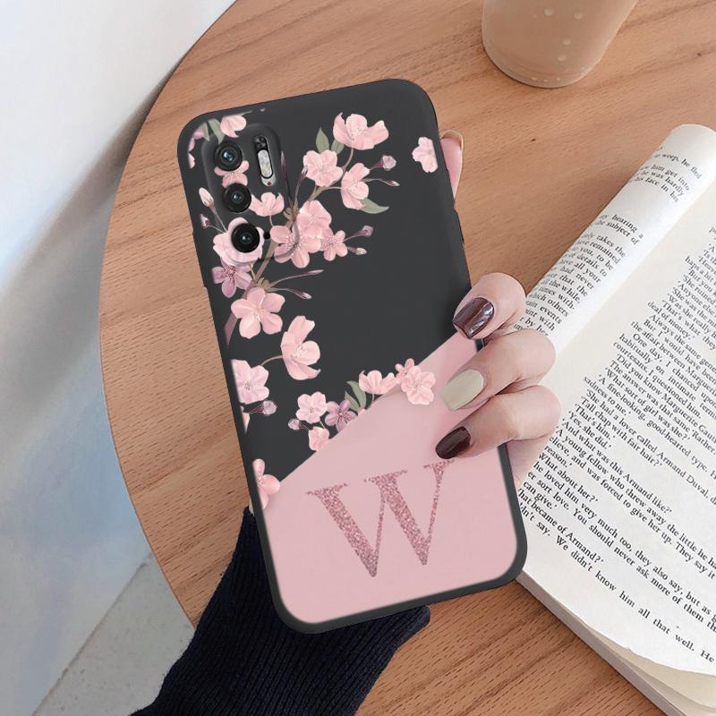 For Redmi Note 10 13 10T 5G Phone Case Pink Flowers Initial Letter A To Z Silicone Soft Back Cover Alphabet Couple Shell Coque
