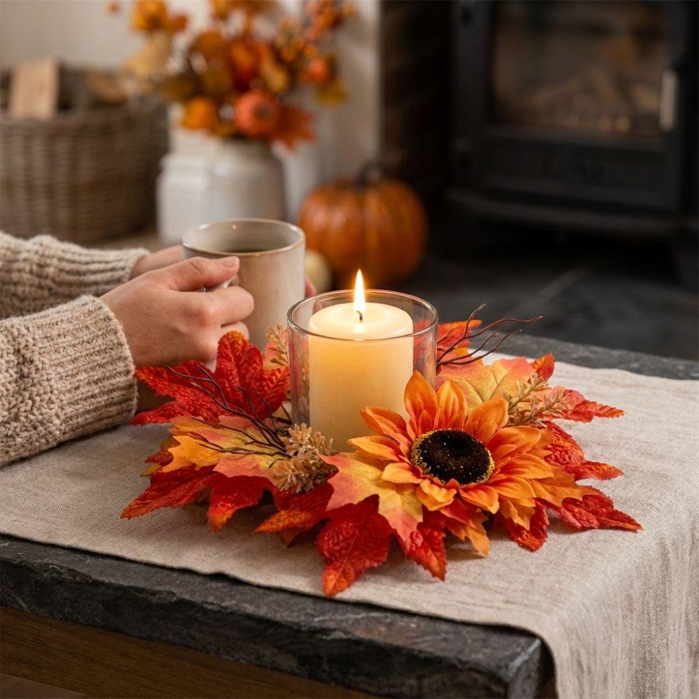 Plastic Circular Sunflower Maple Candle Ring Wreath Harvest Pillar Candle Surround Ring  Home Decor