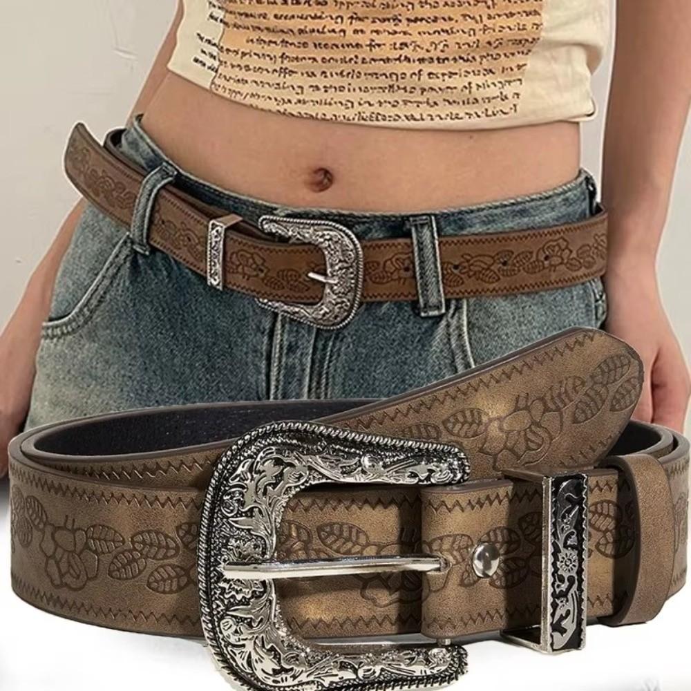 Fashion Hip Hop Y2K Pattern Belt Adjustable Engraved Rose Pattern Western PU Leather Belt Waist Belt Women Jeans Decoration