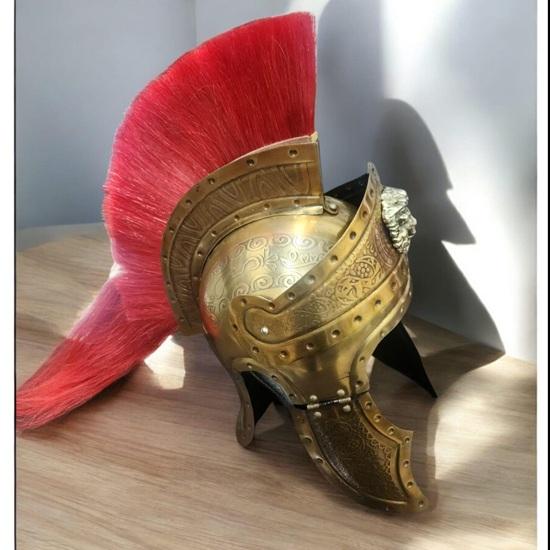 Roman Gladiator Helmet with Red Crest and Brass Queen Crest Handcrafted Medieval Warrior Armor
