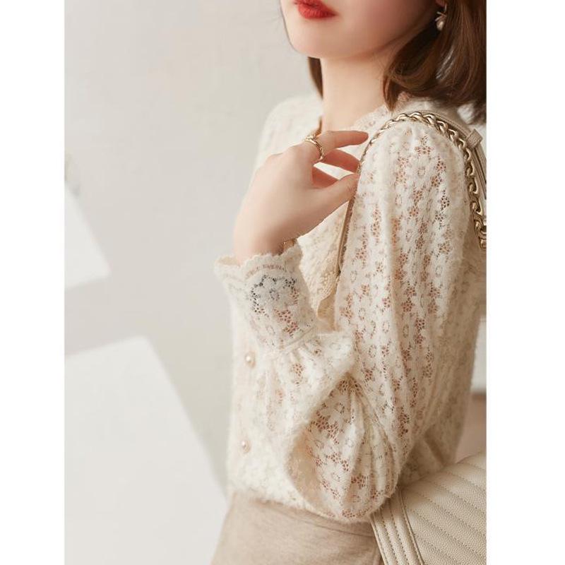 Women's French Lace Lantern Sleeve Top: Autumn/Winter Brushed Crochet Hollow-Out Shirt