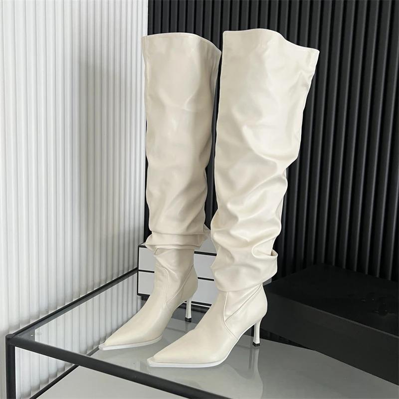 Eilyken Design Style Pleated Thin Heels Women Knee-High Long Boots Autumn Winter Pointed Toe Stripper Prom Ladies Shoes