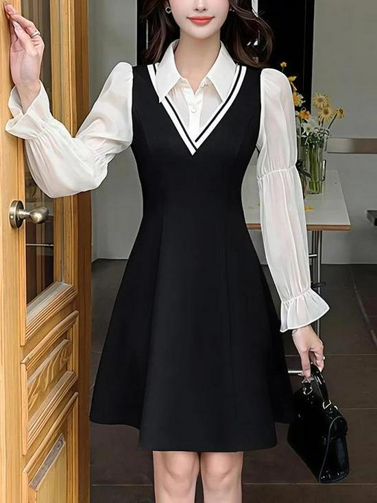 

Korean Style Slimming Black A-Line Dress with Patchwork, Long Sleeves, and Two-Piece Look - Perfect for Spring and Autumn. XL чёрный