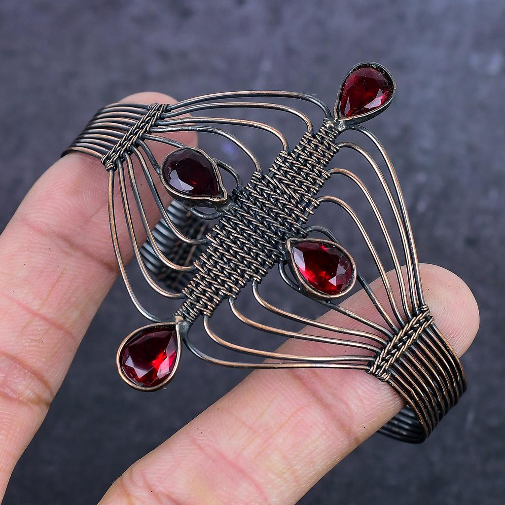 Garnet Gemstone Handmade Copper Wire Wrap Cuff Bangle Adjustable ET-4982