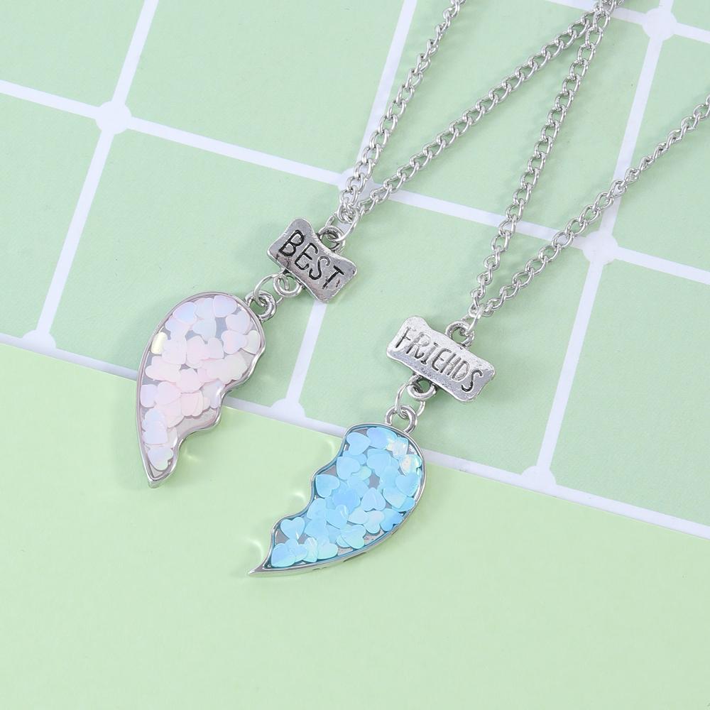 2 Pcs Best Friends Charm Necklace Set Blue And Pink Half Heart Matching Pendant Choker For Girls Friendship Memorial BFF Gift