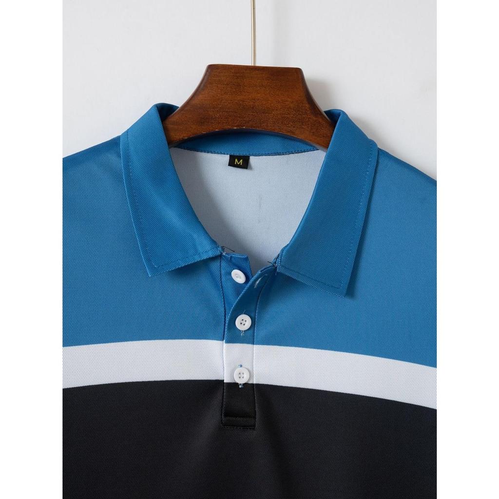 Fashion Men's Casual POLO Shirt Lapel Button Down Business Stripe Colour Block T-Shirt Tops