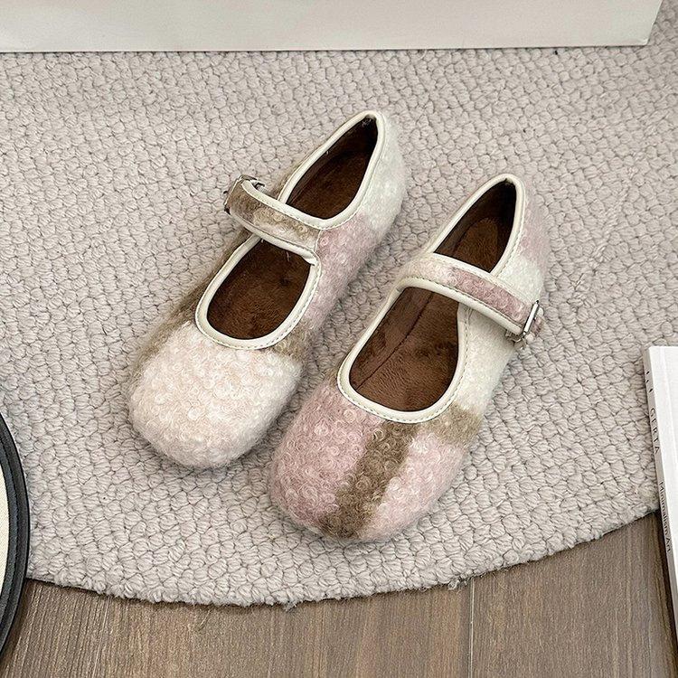 Round Head Cosy Lambswool Ballet Flats Woman Warm Teddy Fur Mary Jane Shoes Ladies Brand Design Elegant Fluffy Plush Loafers