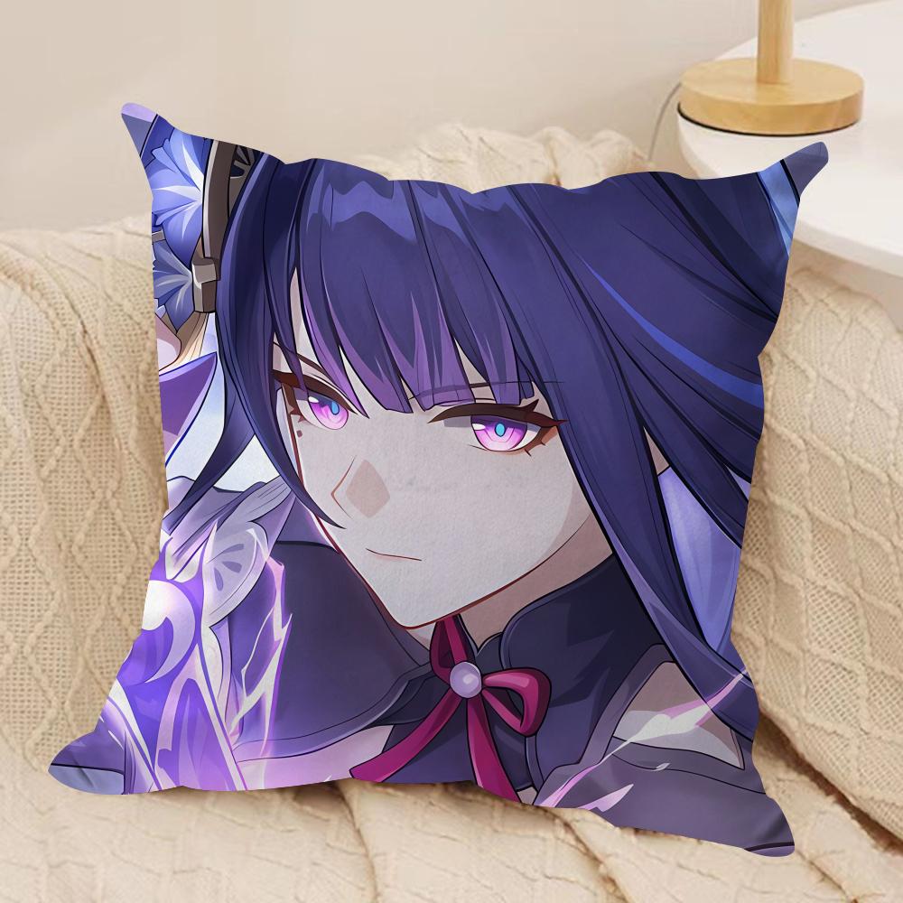 Raiden Shogun Genshin Impact Cushion Cover Silky Short Plush Invisible Zipper Dustproof Sofa Pillow Case For Home Decor