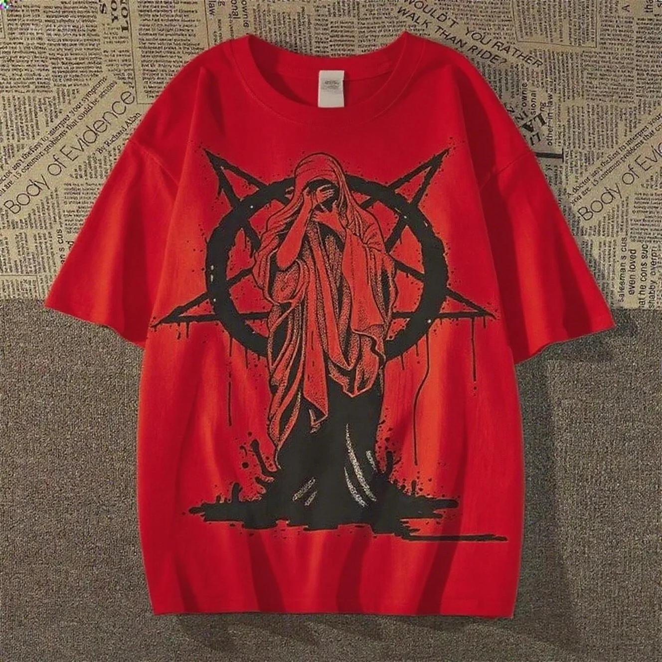 

2025 Американский Дьявольский Стиль Принтованная Футболка с Коротким Рукавом Летний Повседневный Модный Топ Круглый Вырез Хлопок Прохладная Дышащая Футболка 4XL