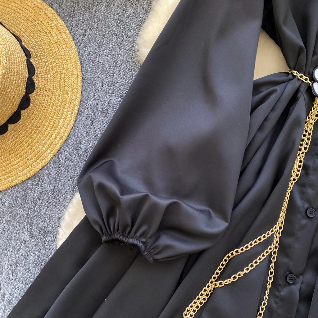 Women's Spring Autumn Loose Casual Dress Metal Chain Waist French Style Long Lantern Sleeves Elegant Shirt Dresses