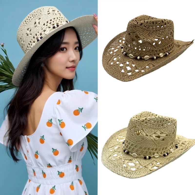 Woven Straw Hat Seashells Belt Sun Hat for Women Men Unisex Perfect for Beach Vacation and Outdoor Event Gathering