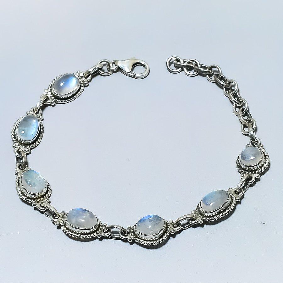 Natural Rainbow Moonstone Gemstone Handmade 925 Solid Silver Bracelet 7-8" I0t80