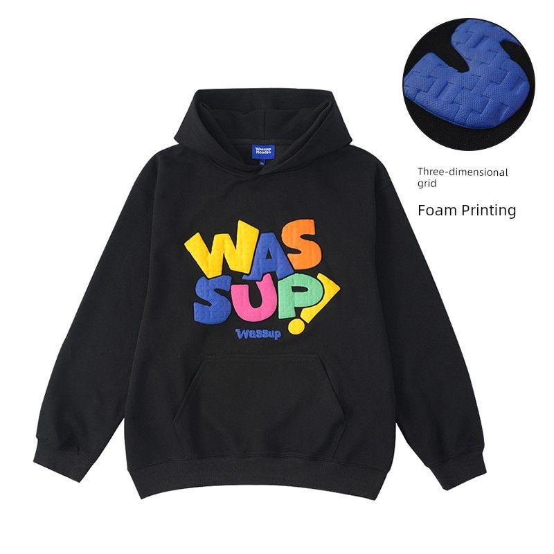 Wassup Trendy American-Style Heavyweight Letter Foam Sweatshirt for Men, Autumn and Winter Loose Fit Versatile Hooded Top Jacket