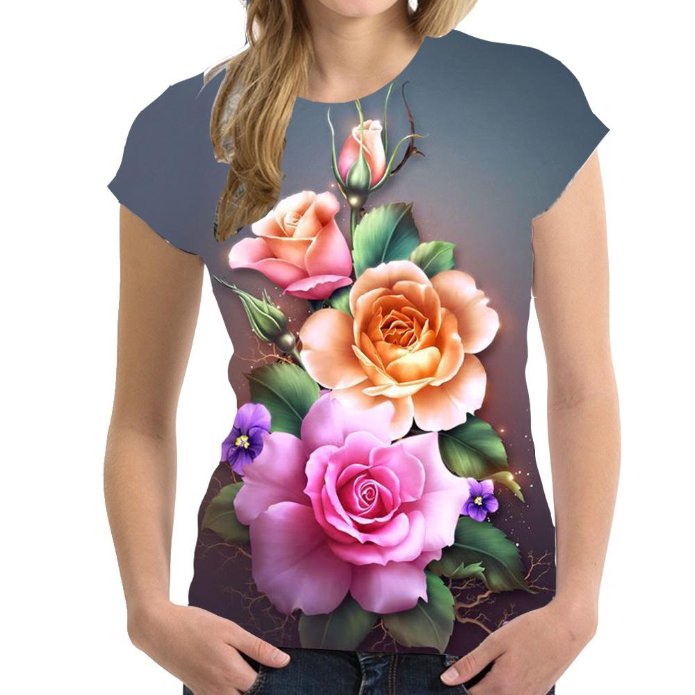 Women's 3D Floral Printed T-shirt, Hip-hop Casual Wear, Harajuku Holiday Short Sleeved T-shirt, Y2K Large T-shirt