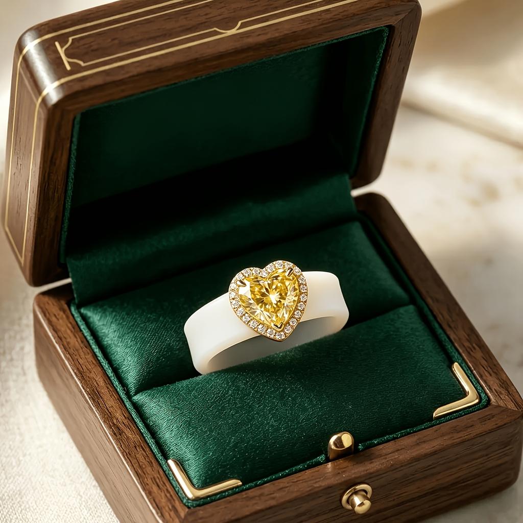 White Soft Silicone Ring, Heart Yellow CZ, Hypoallergenic Comfort Wedding And Promise Ring For Women