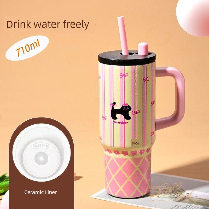 Large Capacity Thermos Cup for Women, Stylish Ice Cup, Cute Cartoon Portable Car Cup with Handle, Giant Straw Water Cup