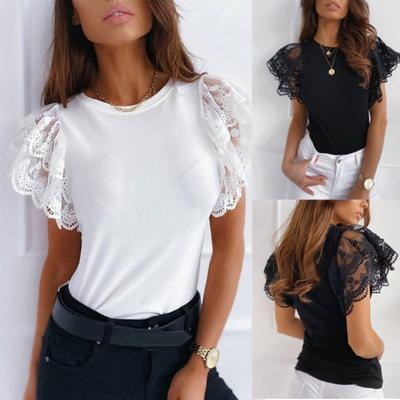 Women Sexy Solid Color O Neck Stitched Lace Short Sleeve Slim Blouse T-shirt