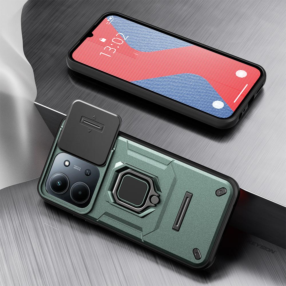 KEYSION Shockproof Armor Case for Redmi 15C 171mm 173mm Slide Camera Lens Protection Metal Ring Stand Phone Back Cover for POCO C85