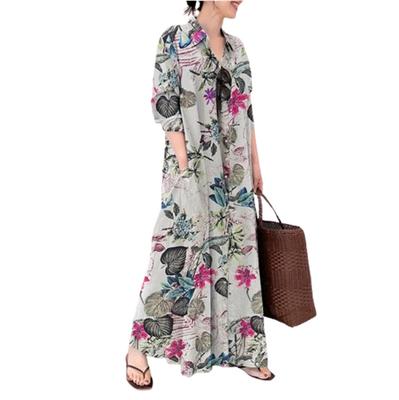 Langes Hemd und Langes Blumen-Maxi-Resort Große Größen Beliebter Blumendruck [kisetsumate] Damen Baumwoll-Leinen-Kleid, Kleid, Frühling, Sommer, Herbst, Ärmel,