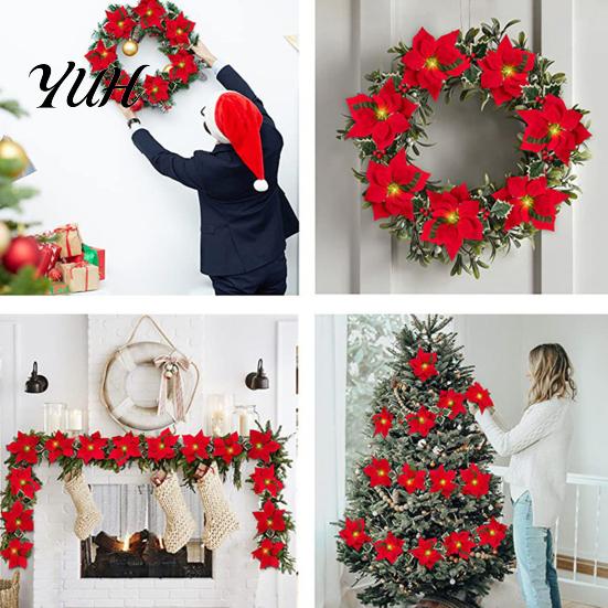 Fireplace Garland Lighting Christmas Poinsettia String Lights, 200/300cm Red Green Floral Garland, Battery/USB Low Voltage LED Operated Indoor Outdoor