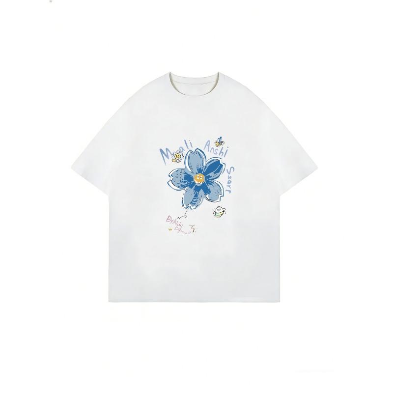 Oversized T Shirt Dress Black Blue Flower And Text Print Casual Streetwear For Women