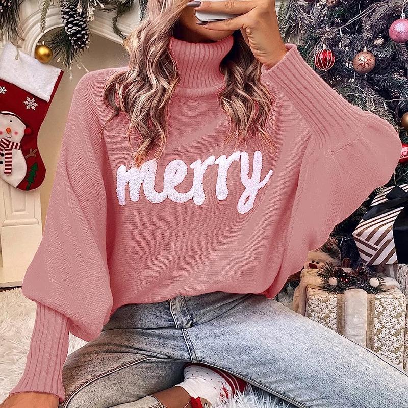 Women's European and American Loose Bat Sleeve Christmas Turtleneck Sweater