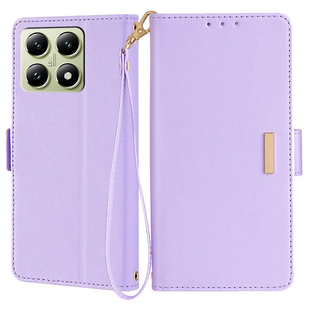 

For Xiaomi 14T Leather Wallet Case RFID Blocking Stand Cover with Hand Strap Purple