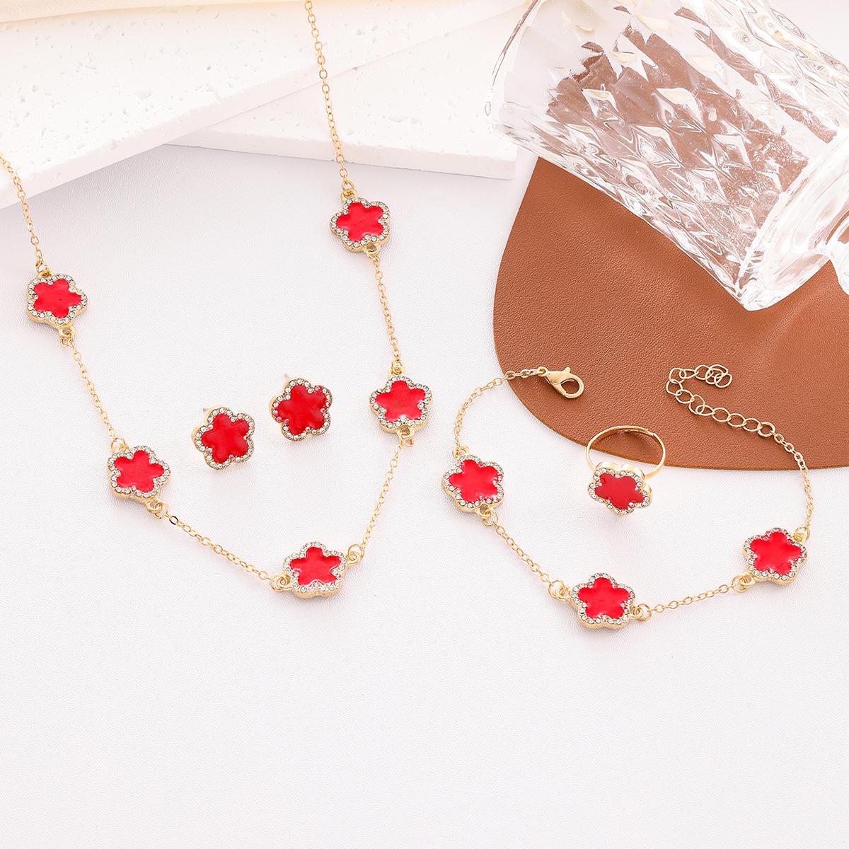 Стильный европейско-американский ювелирный набор «Пятилистный клевер» - Ожерелье, Браслет, Кольцо и Серьги 4-piece set красный