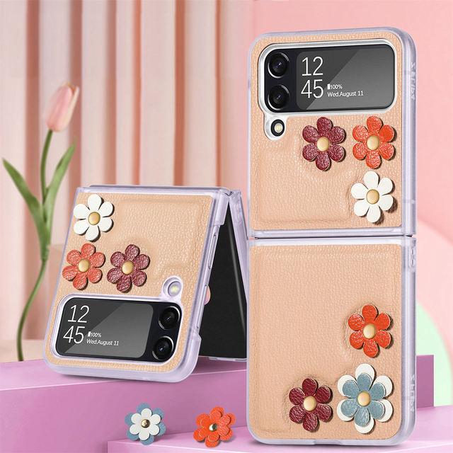 For Samsung Galaxy Z Flip 4 5g Case Korean Style Three -Dimensional Flower Leather Case For Galaxy Z Flip 4 5g Lightweight Cover