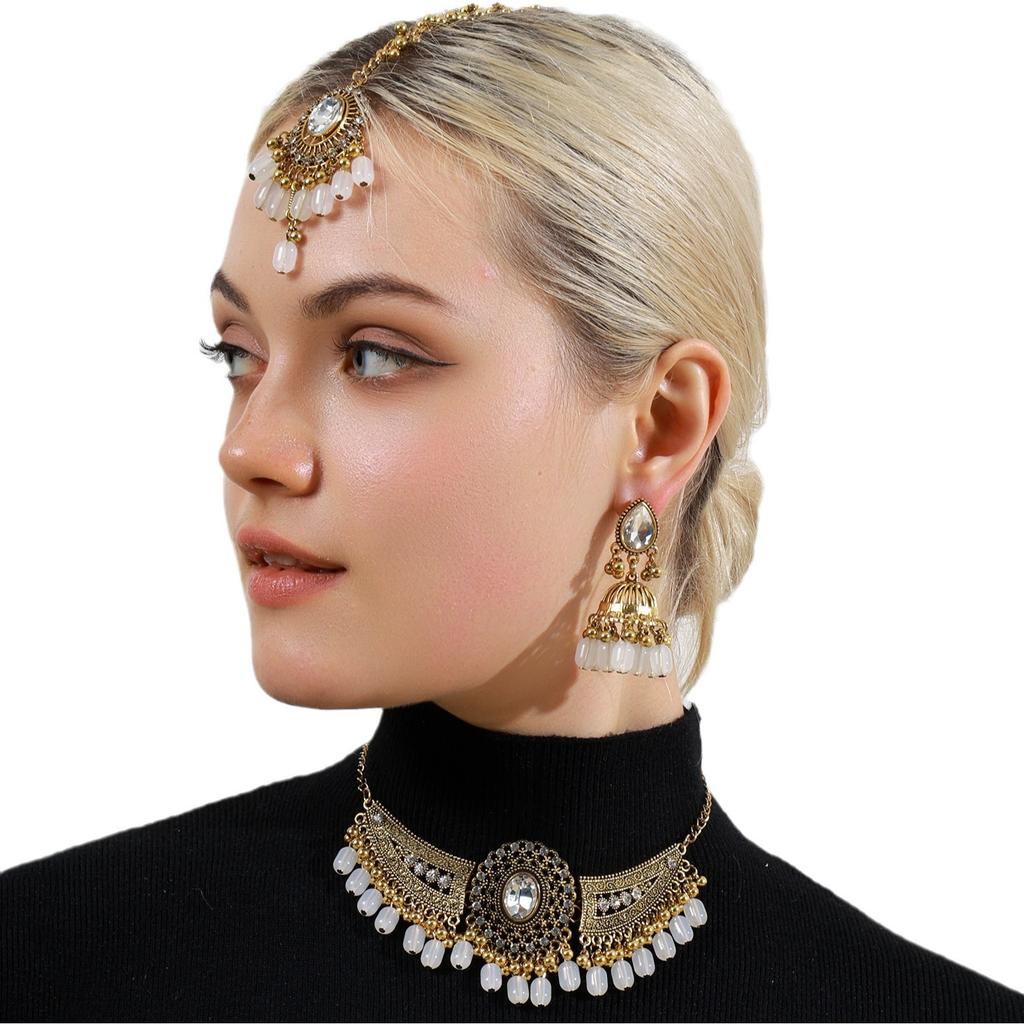 Indian Bride Vintage Diamond-encrusted Tassel Head Chain Metal Wings Tassel Necklace Earrings Headgear Three-piece Set