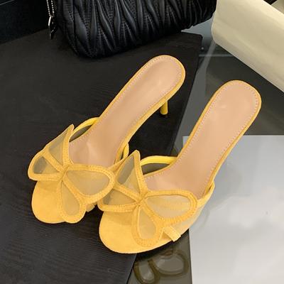 Fashion Liyke 2025 Nowe Żółte Buty Dla Kobiet Kapcie Moda Siateczka Motyl Wysokie Obcasy Damskie Muły Klapki Letnie Sandały Zapatos Mujer