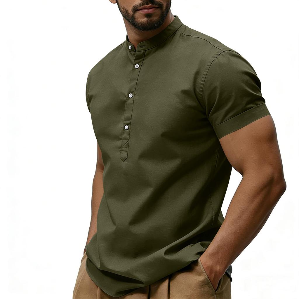 Męska casualowa koszulka z krótkim rękawem i dekoltem w serek w jednolitym kolorze, casualowy top z mieszanki bawełny i lnu z ozdobnymi guzikami.