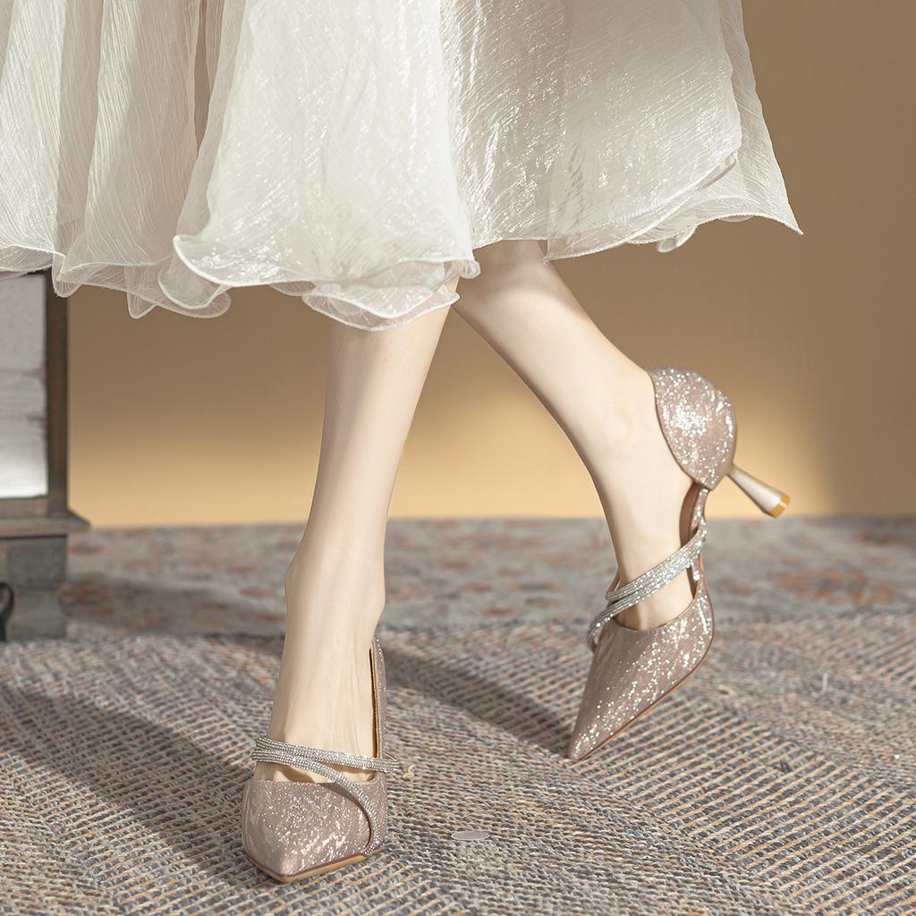 High heels, thin heels, princess pointed head, side empty, sexy sparkling rhinestone single shoes, women's 2025 spring and summer new banquet wedding