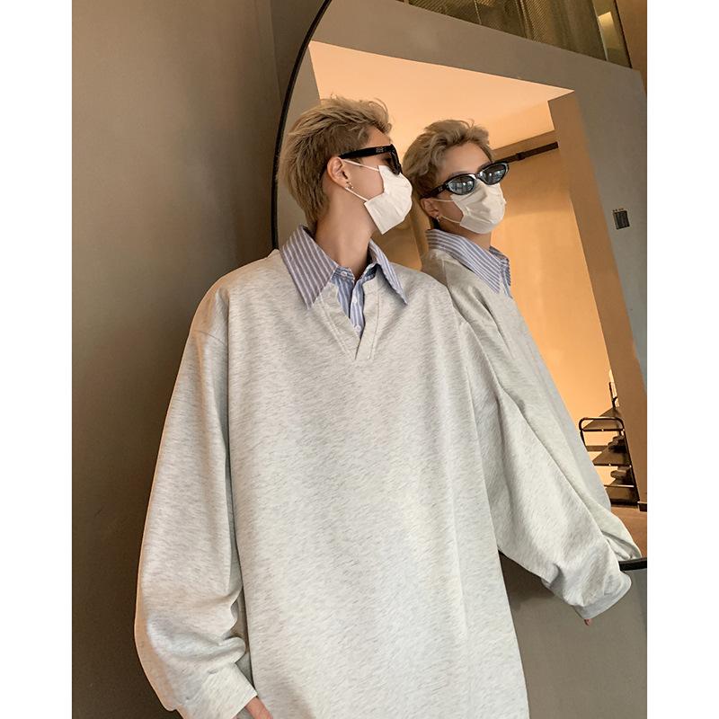 

Autumn trendy brand loose pullover top 2025 fashionable retro fake two-piece splicing lapel sweater men XXXL сірий колір