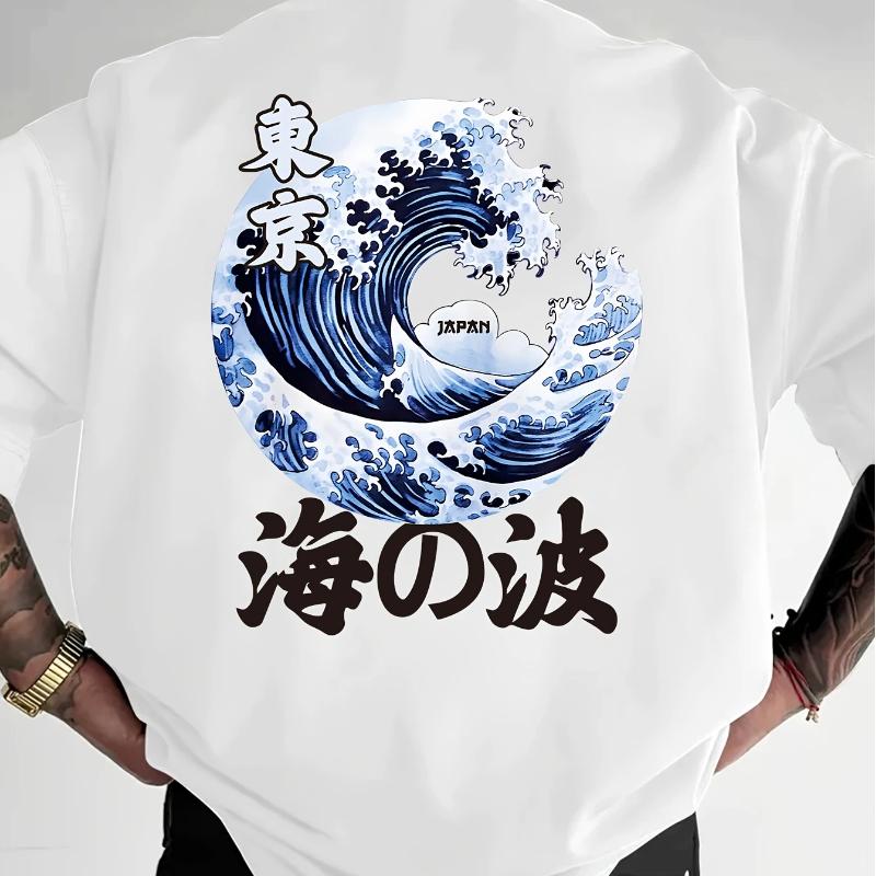 Sommer Neuer Trend Herren Lockeres T-Shirt Tokyo Wellenmuster Hergestellt aus Reiner Baumwolle Weiche Textur Geeignet für Tägliche Freizeit-Sportbekleidung