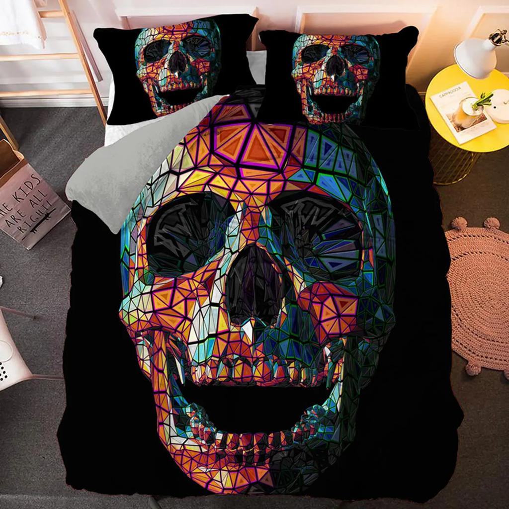 3D Skull Funny Skeleton Smoking Pattern Duvet Cover Halloween Black Skull Theme Bedroom Decoration for Children Teens Women Men