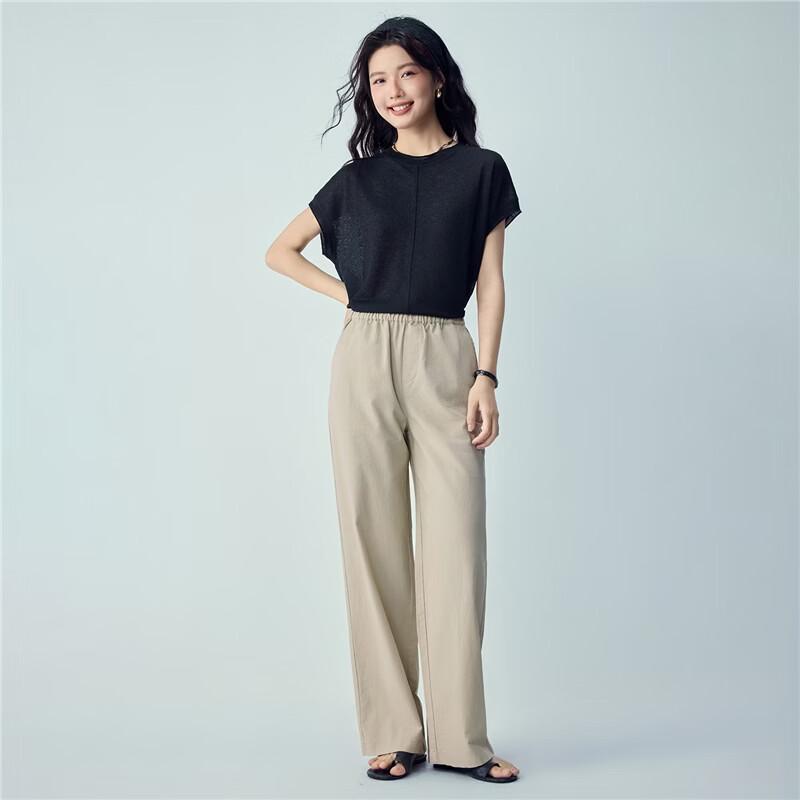 Giordano Women's Cotton-Linen Elastic Waist Straight Casual Pants