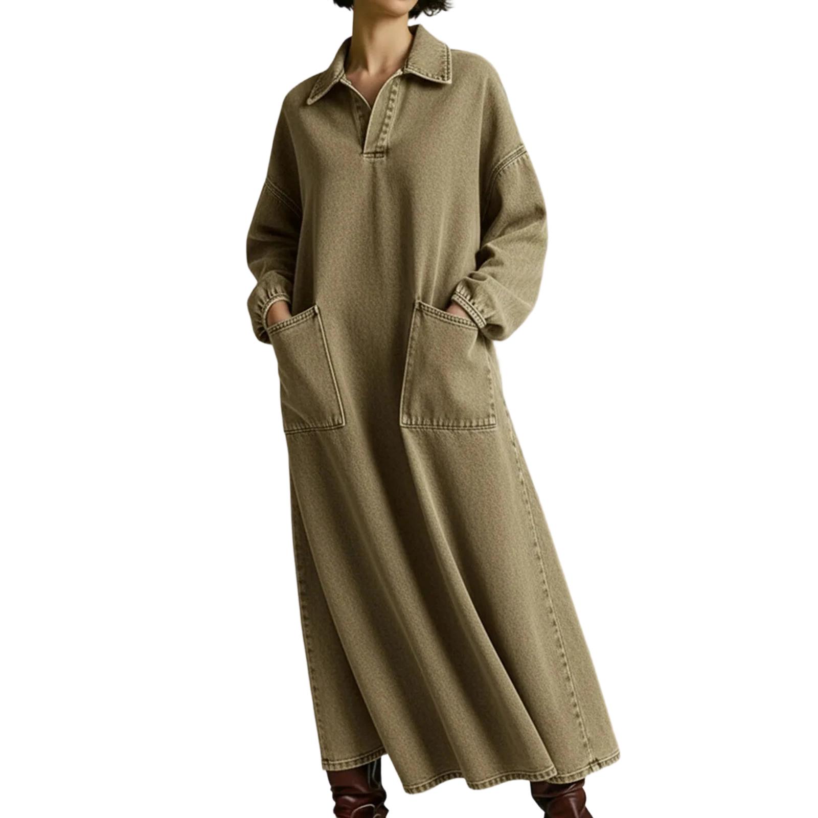 Women s Monochromelong Sleeved Loose Fit Fashionable Long Dress L армия зеленый