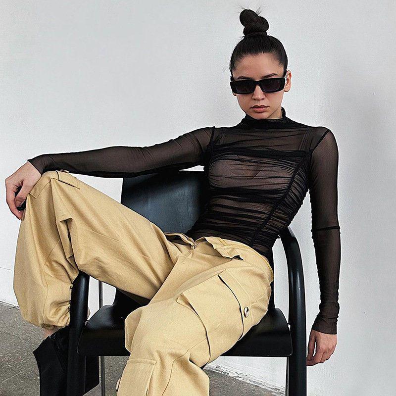 Women's Mesh See-Through Long-Sleeved Bodysuit - Chic High-Waisted Slim Fit Top