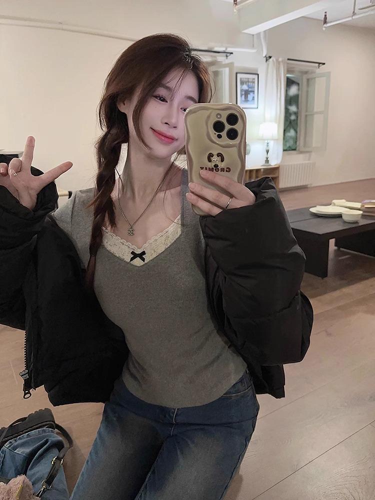 Gray Lace-Stitched Long Sleeve Top: 2024 Spring/Autumn Niche Women's Shirt