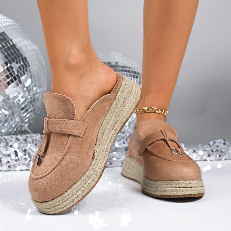 Fashion Casual Pink Suede Mules Slippers Women Hemp Sole Wedge Heels Sandals Women 2025 Summer Bohemia Slip On Sandals Plus Size 42