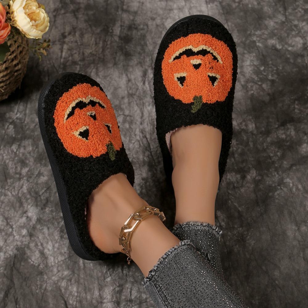 Pumpkin Slippers Soft Plush Cozy Non-slip Rubber Sole Halloween Slippers for Women Indoor Winter Shoes Halloween Gifts