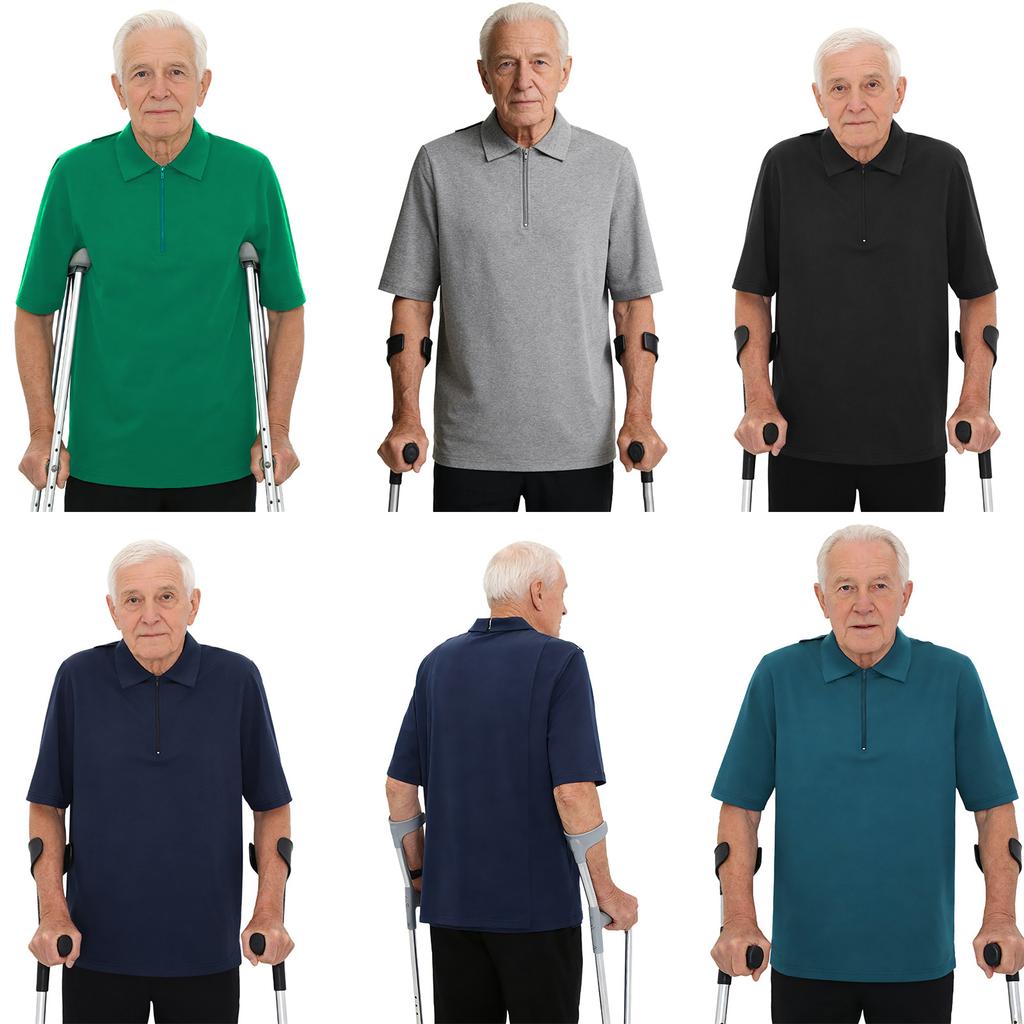 Mens Alzheimer Care T-Shirt Open Back Overlap Short Sleeve Lapel Zipper Neck Adaptive Top