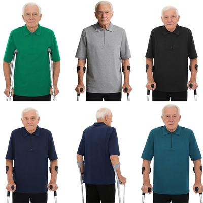Mens Alzheimer Care T-Shirt Open Back Overlap Short Sleeve Lapel Zipper Neck Adaptive Top