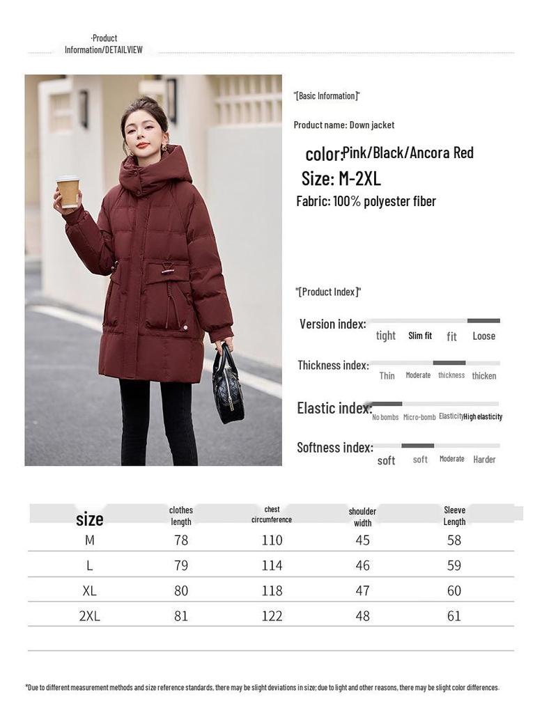 Women's Mid-Length Red Down Jacket, Winter 2024 Style, Loose Fit, Casual Thick Ankara Coat