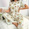 Cartoon Cow & Avocado Women's Pajama Set - Short Sleeve, Long Pants, Comfortable Milk Silk Fabric