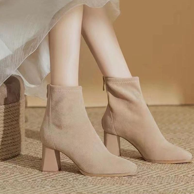 

Замшевые женские туфли на высоком каблуке, новые зимние женские сапоги с квадратным носком, элегантные женские туфли для офиса, модные ботильоны на молнии 39 абрикосовый
