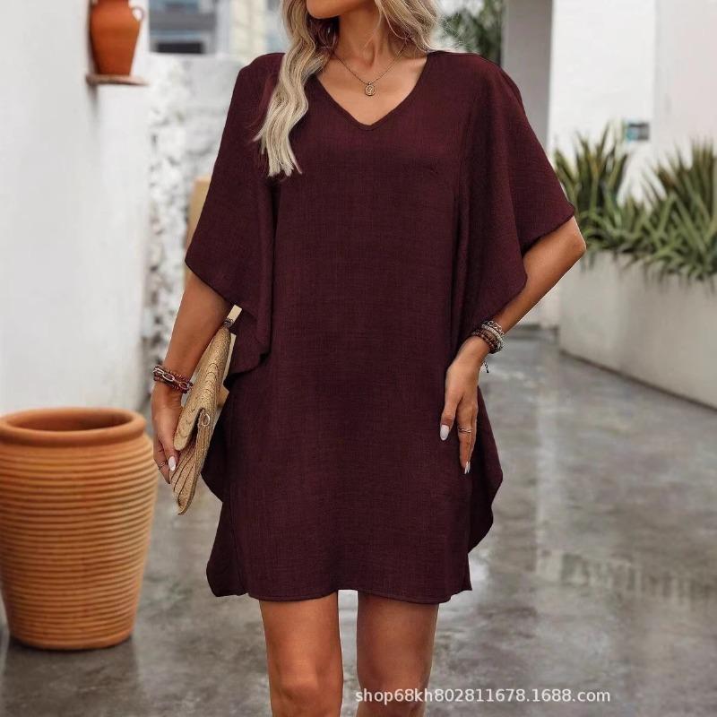Summer Linen V Neck Flare Sleeve Mini Dress Casual Loose Ruffle Hem Shift Dress