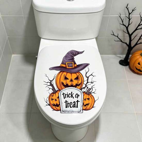 Halloween Theme Home Accents Pumpkin Toilet Cover Sticker, Spooky Trick or Treat Retro Bathroom Stickers Lid Decals, Self Adhesive Wall Decoration for