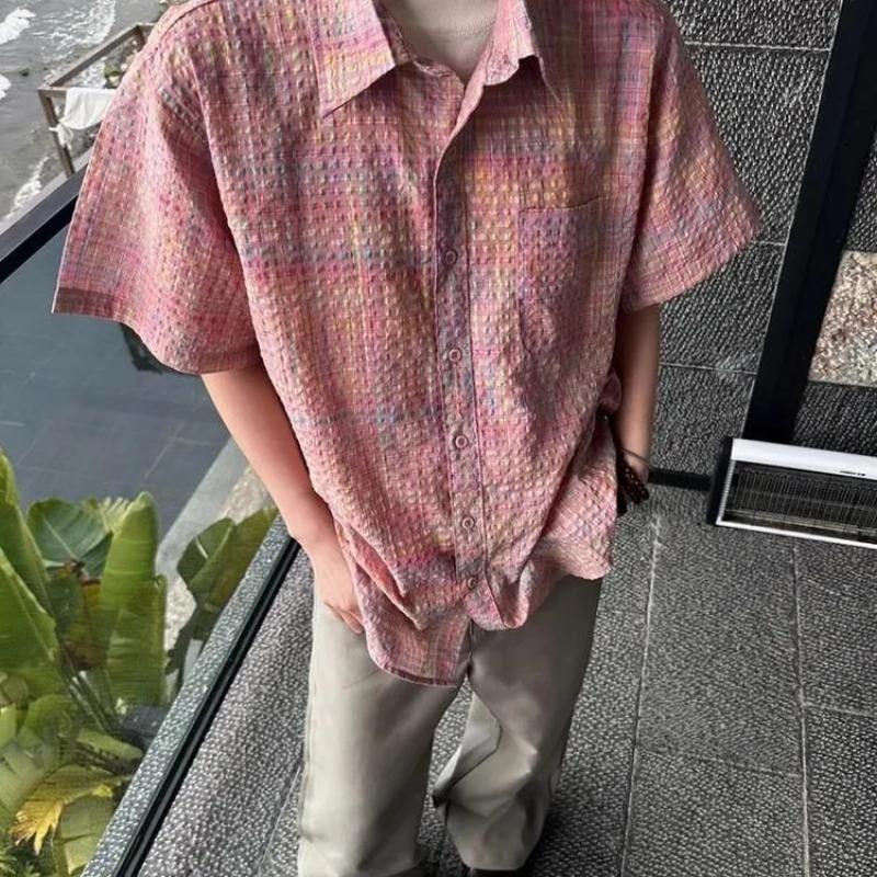 Herr Casual Lös Passform Kortärmad Skjorta Regnbågsgradient Rutig Textur Andningsbar Krage Knäppning Sommar Streetwear Topp